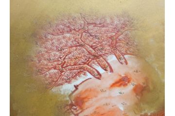九谷焼　石盛堂　赤絵　金彩　青粒　山水文　約40cm　1尺3寸　緻密に描かれたデザインが見事な大皿(楼閣図、風景、山、滝、海、船、舟、松、尺皿、和食器、和皿、一尺三寸、共箱付き、皿立付き)(R-079145)