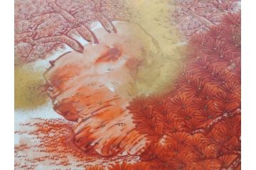 九谷焼　石盛堂　赤絵　金彩　青粒　山水文　約40cm　1尺3寸　緻密に描かれたデザインが見事な大皿(楼閣図、風景、山、滝、海、船、舟、松、尺皿、和食器、和皿、一尺三寸、共箱付き、皿立付き)(R-079145)