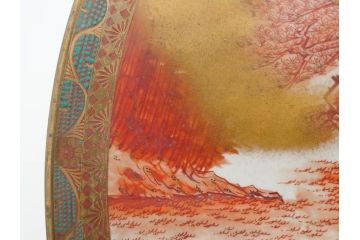 九谷焼　石盛堂　赤絵　金彩　青粒　山水文　約40cm　1尺3寸　緻密に描かれたデザインが見事な大皿(楼閣図、風景、山、滝、海、船、舟、松、尺皿、和食器、和皿、一尺三寸、共箱付き、皿立付き)(R-079145)