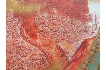 九谷焼　石盛堂　赤絵　金彩　青粒　山水文　約40cm　1尺3寸　緻密に描かれたデザインが見事な大皿(楼閣図、風景、山、滝、海、船、舟、松、尺皿、和食器、和皿、一尺三寸、共箱付き、皿立付き)(R-079145)