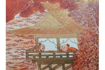 九谷焼　石盛堂　赤絵　金彩　青粒　山水文　約40cm　1尺3寸　緻密に描かれたデザインが見事な大皿(楼閣図、風景、山、滝、海、船、舟、松、尺皿、和食器、和皿、一尺三寸、共箱付き、皿立付き)(R-079145)