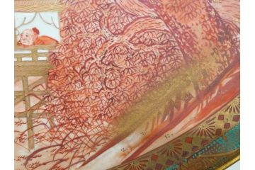 九谷焼　石盛堂　赤絵　金彩　青粒　山水文　約40cm　1尺3寸　緻密に描かれたデザインが見事な大皿(楼閣図、風景、山、滝、海、船、舟、松、尺皿、和食器、和皿、一尺三寸、共箱付き、皿立付き)(R-079145)