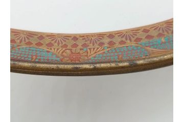 九谷焼　石盛堂　赤絵　金彩　青粒　山水文　約40cm　1尺3寸　緻密に描かれたデザインが見事な大皿(楼閣図、風景、山、滝、海、船、舟、松、尺皿、和食器、和皿、一尺三寸、共箱付き、皿立付き)(R-079145)