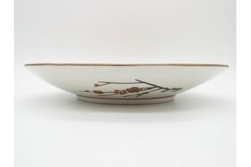 九谷焼　石盛堂　赤絵　金彩　青粒　山水文　約40cm　1尺3寸　緻密に描かれたデザインが見事な大皿(楼閣図、風景、山、滝、海、船、舟、松、尺皿、和食器、和皿、一尺三寸、共箱付き、皿立付き)(R-079145)