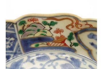 江戸期　上手物　成化年製　古伊万里　色絵　染付　約14cm　4.7寸　丹念に描かれた絵付から匠の技を感じるなます皿3枚セット(金彩、唐草、風景、牡丹、梅、魚、花、変形皿、小皿、和食器、和皿、深皿、輪花型、四寸七分)(R-079148)