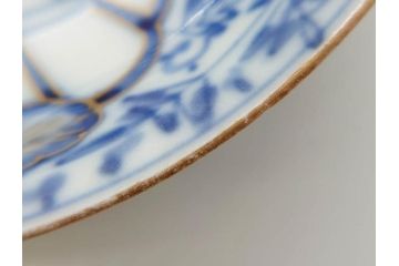 江戸期　古伊万里　染付　(渦福)約12cm　4寸/(菊桐紋)約15cm　5寸　和の雰囲気漂う小皿2枚&中皿セット(菊桐紋、禍福、豆皿、和皿、和食器、四寸、五寸)(R-079150)