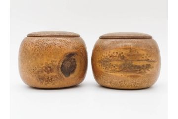 時代物　竹製　木目を生かしたデザインが目を引く碁笥(中国?、唐物?、囲碁)(R-079173)