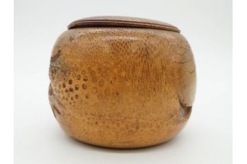時代物　竹製　木目を生かしたデザインが目を引く碁笥(中国?、唐物?、囲碁)(R-079173)