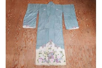 アンティーク　明治〜大正期　正絹　着物(古布、リメイク、衣装、和服、和装、女性、丸に三つ柏、家紋、御簾、几帳、牡丹、菊、扇子、花、シルク、日本、ジャパン、Japanese KIMONO)(R-079177)