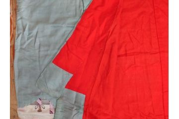 アンティーク　明治〜大正期　正絹　着物(古布、リメイク、衣装、和服、和装、女性、丸に三つ柏、家紋、御簾、几帳、牡丹、菊、扇子、花、シルク、日本、ジャパン、Japanese KIMONO)(R-079177)