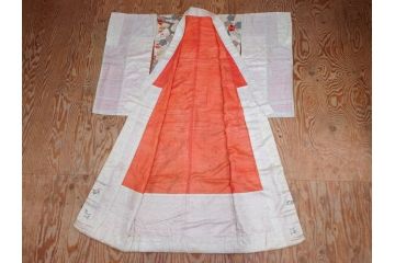 アンティーク　明治〜大正期　正絹　刺繍　着物(古布、リメイク、絞り染め、金糸、衣装、和服、和装、女性、松、梅、花、鶴、ツル、鳥、シルク、日本、ジャパン、Japanese KIMONO)(R-079178)