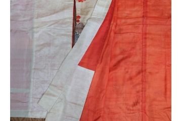 アンティーク　明治〜大正期　正絹　刺繍　着物(古布、リメイク、絞り染め、金糸、衣装、和服、和装、女性、松、梅、花、鶴、ツル、鳥、シルク、日本、ジャパン、Japanese KIMONO)(R-079178)