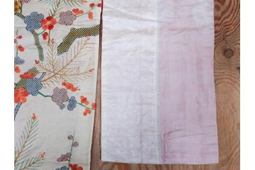アンティーク　明治〜大正期　正絹　刺繍　着物(古布、リメイク、絞り染め、金糸、衣装、和服、和装、女性、松、梅、花、鶴、ツル、鳥、シルク、日本、ジャパン、Japanese KIMONO)(R-079178)
