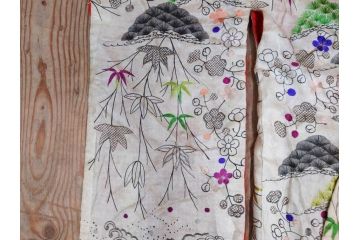 アンティーク　明治〜大正期　正絹　刺繍　着物　打掛(古布、リメイク、衣装、和服、和装、女性、松竹梅、花、波、海、鶴、ツル、鳥、シルク、日本、ジャパン、Japanese KIMONO)(R-079179)