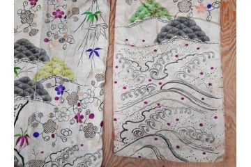 アンティーク　明治〜大正期　正絹　刺繍　着物　打掛(古布、リメイク、衣装、和服、和装、女性、松竹梅、花、波、海、鶴、ツル、鳥、シルク、日本、ジャパン、Japanese KIMONO)(R-079179)