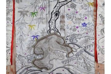 アンティーク　明治〜大正期　正絹　刺繍　着物　打掛(古布、リメイク、衣装、和服、和装、女性、松竹梅、花、波、海、鶴、ツル、鳥、シルク、日本、ジャパン、Japanese KIMONO)(R-079179)