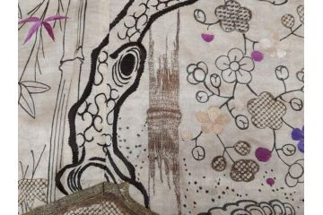アンティーク　明治〜大正期　正絹　刺繍　着物　打掛(古布、リメイク、衣装、和服、和装、女性、松竹梅、花、波、海、鶴、ツル、鳥、シルク、日本、ジャパン、Japanese KIMONO)(R-079179)