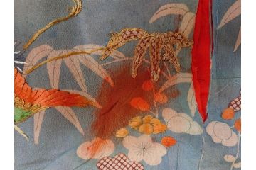 アンティーク　明治期　正絹　刺繍　縮緬　着物(古布、リメイク、絞り染め、衣装、和服、和装、女性、松竹梅、花、波、海、鶴、ツル、鳥、亀、カメ、シルク、日本、ジャパン、Japanese KIMONO)(R-079180)