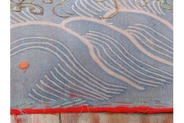 アンティーク　明治期　正絹　刺繍　縮緬　着物(古布、リメイク、絞り染め、衣装、和服、和装、女性、松竹梅、花、波、海、鶴、ツル、鳥、亀、カメ、シルク、日本、ジャパン、Japanese KIMONO)(R-079180)