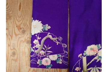 アンティーク　大正〜昭和初期　正絹　縮緬　子供用着物(古布、リメイク、鷹の羽紋、家紋、菊、扇子、衣装、和服、和装、シルク、日本、ジャパン、Japanese KIMONO)(R-079183)