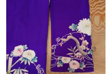 アンティーク　大正〜昭和初期　正絹　縮緬　子供用着物(古布、リメイク、鷹の羽紋、家紋、菊、扇子、衣装、和服、和装、シルク、日本、ジャパン、Japanese KIMONO)(R-079183)