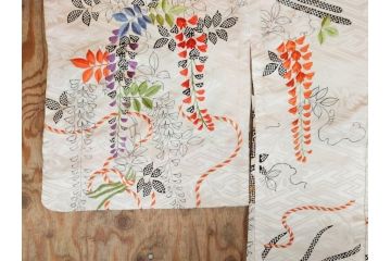 アンティーク　正絹　刺繍　羽織(古布、リメイク、菊、牡丹、竹、扇子、花しょうぶ、梅、藤、衣装、和服、和装、シルク、日本、ジャパン、Japanese KIMONO)(R-079184)