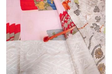 アンティーク　正絹　刺繍　羽織(古布、リメイク、菊、牡丹、竹、扇子、花しょうぶ、梅、藤、衣装、和服、和装、シルク、日本、ジャパン、Japanese KIMONO)(R-079184)