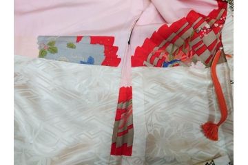アンティーク　正絹　刺繍　羽織(古布、リメイク、菊、牡丹、竹、扇子、花しょうぶ、梅、藤、衣装、和服、和装、シルク、日本、ジャパン、Japanese KIMONO)(R-079184)