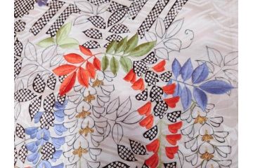 アンティーク　正絹　刺繍　羽織(古布、リメイク、菊、牡丹、竹、扇子、花しょうぶ、梅、藤、衣装、和服、和装、シルク、日本、ジャパン、Japanese KIMONO)(R-079184)