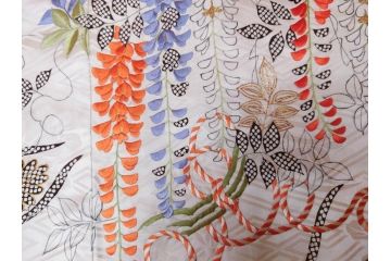 アンティーク　正絹　刺繍　羽織(古布、リメイク、菊、牡丹、竹、扇子、花しょうぶ、梅、藤、衣装、和服、和装、シルク、日本、ジャパン、Japanese KIMONO)(R-079184)