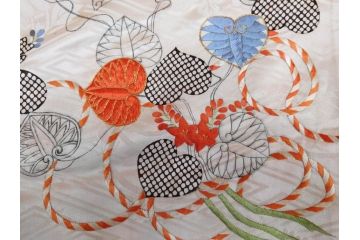 アンティーク　正絹　刺繍　羽織(古布、リメイク、菊、牡丹、竹、扇子、花しょうぶ、梅、藤、衣装、和服、和装、シルク、日本、ジャパン、Japanese KIMONO)(R-079184)
