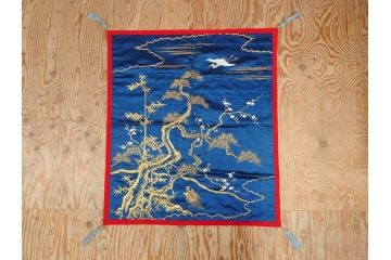 江戸〜明治期　細かな刺繍が美しい掛袱紗(古裂、古布、リメイク、金糸、鶴、ツル、松竹梅、ふくさ、フクサ、帛紗、服紗、房付き)(R-079185)