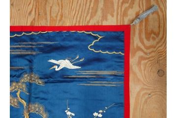 江戸〜明治期　細かな刺繍が美しい掛袱紗(古裂、古布、リメイク、金糸、鶴、ツル、松竹梅、ふくさ、フクサ、帛紗、服紗、房付き)(R-079185)