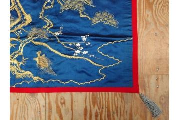 江戸〜明治期　細かな刺繍が美しい掛袱紗(古裂、古布、リメイク、金糸、鶴、ツル、松竹梅、ふくさ、フクサ、帛紗、服紗、房付き)(R-079185)