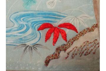 江戸〜明治期　正絹　縮緬　緻密に刺繍された吉祥文様が素晴らしい古布(掛袱紗、リメイク、金糸、松竹梅、鶴、ツル、カメ、亀、古裂、服紗、フクサ、ふくさ、帛紗)(R-079186)