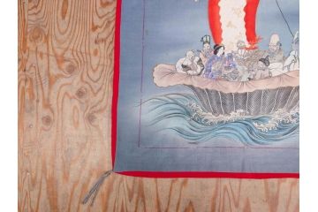 明治〜大正期　正絹　様々な縁起の良いデザインが楽しめる掛袱紗4点セット(古布、リメイク、金糸、刺繍、七福神、宝船、鶴、ツル、カメ、亀、桐、鳳凰、高砂、古裂、服紗、フクサ、ふくさ、帛紗、房付き)(R-079187)