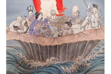 明治〜大正期　正絹　様々な縁起の良いデザインが楽しめる掛袱紗4点セット(古布、リメイク、金糸、刺繍、七福神、宝船、鶴、ツル、カメ、亀、桐、鳳凰、高砂、古裂、服紗、フクサ、ふくさ、帛紗、房付き)(R-079187)
