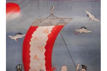 明治〜大正期　正絹　様々な縁起の良いデザインが楽しめる掛袱紗4点セット(古布、リメイク、金糸、刺繍、七福神、宝船、鶴、ツル、カメ、亀、桐、鳳凰、高砂、古裂、服紗、フクサ、ふくさ、帛紗、房付き)(R-079187)