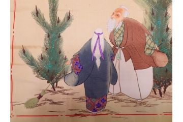 明治〜大正期　正絹　様々な縁起の良いデザインが楽しめる掛袱紗4点セット(古布、リメイク、金糸、刺繍、七福神、宝船、鶴、ツル、カメ、亀、桐、鳳凰、高砂、古裂、服紗、フクサ、ふくさ、帛紗、房付き)(R-079187)