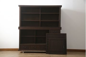 中古　希少な廃番品!!　タモ材　和モダンスタイルのお部屋とも相性抜群のシックな二段重ね水屋箪笥(収納棚、戸棚、食器棚、カップボード、キャビネット)(R-079215)
