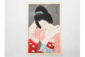 昭和55年6月作　神保朋世　「静夜」　版画(絵画、木版画、多色摺り、美人画、彫刀 大倉半兵衛、摺刷 関岡扇令、着物、女性、落款)(R-079253)