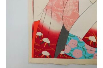昭和55年6月作　神保朋世　「静夜」　版画(絵画、木版画、多色摺り、美人画、彫刀 大倉半兵衛、摺刷 関岡扇令、着物、女性、落款)(R-079253)