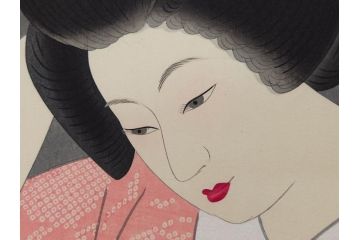 昭和55年6月作　神保朋世　「静夜」　版画(絵画、木版画、多色摺り、美人画、彫刀 大倉半兵衛、摺刷 関岡扇令、着物、女性、落款)(R-079253)