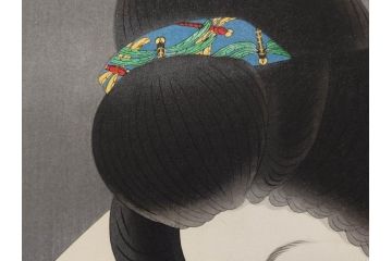 昭和55年6月作　神保朋世　「静夜」　版画(絵画、木版画、多色摺り、美人画、彫刀 大倉半兵衛、摺刷 関岡扇令、着物、女性、落款)(R-079253)