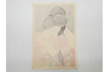 昭和55年6月作　神保朋世　「静夜」　版画(絵画、木版画、多色摺り、美人画、彫刀 大倉半兵衛、摺刷 関岡扇令、着物、女性、落款)(R-079253)