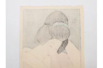 昭和55年6月作　神保朋世　「静夜」　版画(絵画、木版画、多色摺り、美人画、彫刀 大倉半兵衛、摺刷 関岡扇令、着物、女性、落款)(R-079253)