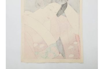 昭和55年6月作　神保朋世　「静夜」　版画(絵画、木版画、多色摺り、美人画、彫刀 大倉半兵衛、摺刷 関岡扇令、着物、女性、落款)(R-079253)