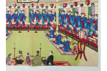 真作　揚州周延 「伊勢古市踊之図」　豊原国周筆 「潤色三十六花撰」　勝川春章画　版画3枚セット(絵画、木版画、多色摺り、久保丁亀鶴や米吉、着物、芸者、美人画、舞踊、屋形船)(R-079254)