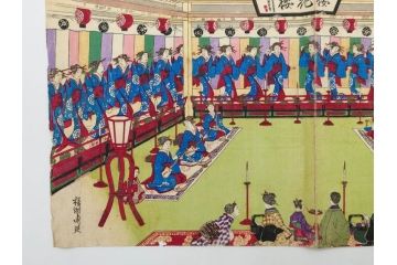 真作　揚州周延 「伊勢古市踊之図」　豊原国周筆 「潤色三十六花撰」　勝川春章画　版画3枚セット(絵画、木版画、多色摺り、久保丁亀鶴や米吉、着物、芸者、美人画、舞踊、屋形船)(R-079254)