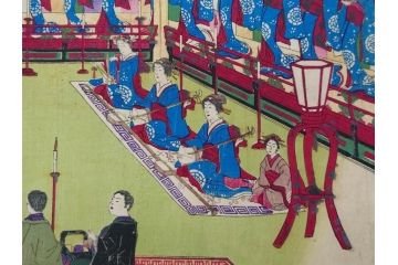 真作　揚州周延 「伊勢古市踊之図」　豊原国周筆 「潤色三十六花撰」　勝川春章画　版画3枚セット(絵画、木版画、多色摺り、久保丁亀鶴や米吉、着物、芸者、美人画、舞踊、屋形船)(R-079254)